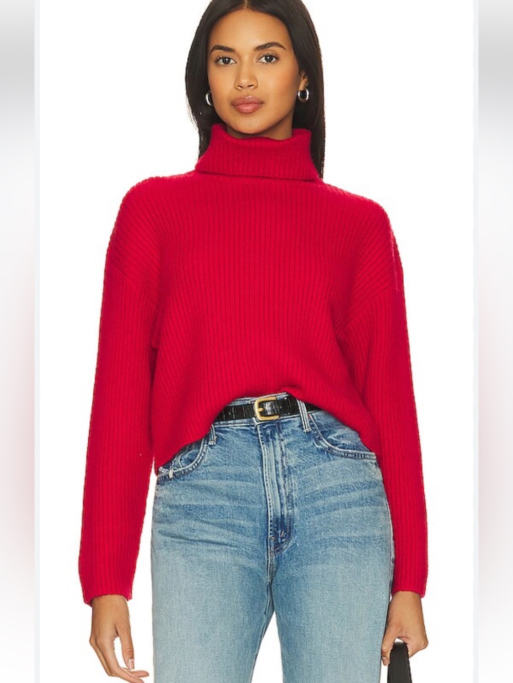 Line & Dot Bright Red Chunky Ribbed Turtleneck Sweater- Cropped Relaxed Fit Sz L